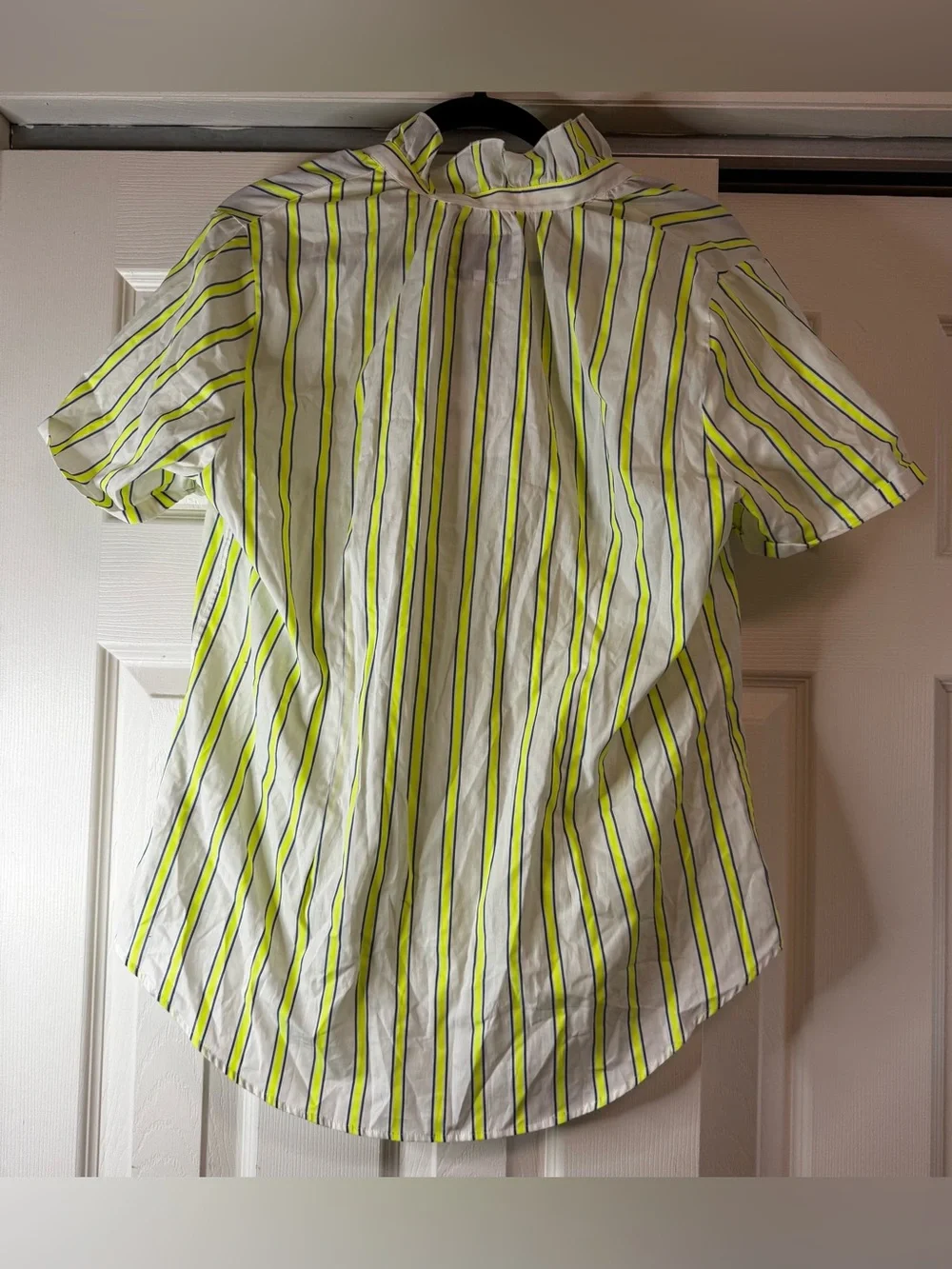 The Shirt by Rochelle Behrens White & Chartreuse Striped Button Up -Size L NWT